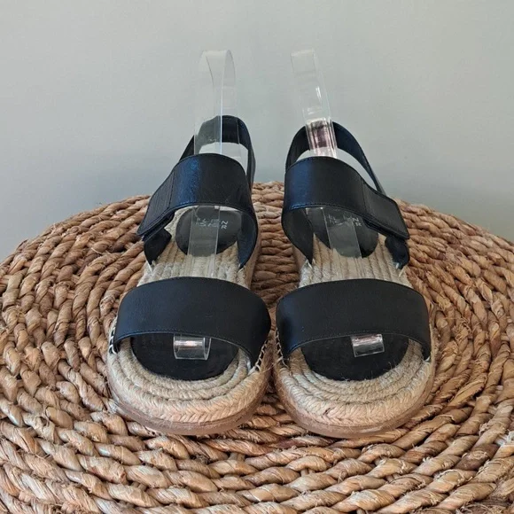 Eileen Fisher Womens Max Black Leather Washed Espadrille Flat Strap Sandals 7.5 - Picture 3 of 8